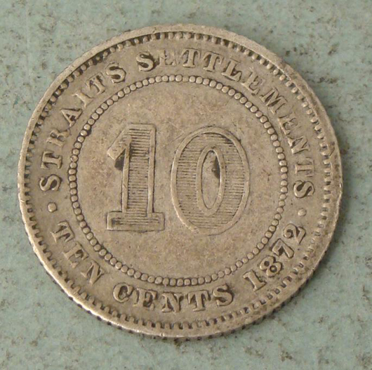 1872 Straits Settlements (Malaysia) Silver 10 Cent Coin  Est. $10-$15