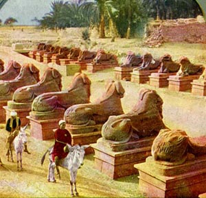 Row of Sphinxes at Karnak. Image from a 19th-century stereopticon card. Courtesy Wikipedia.