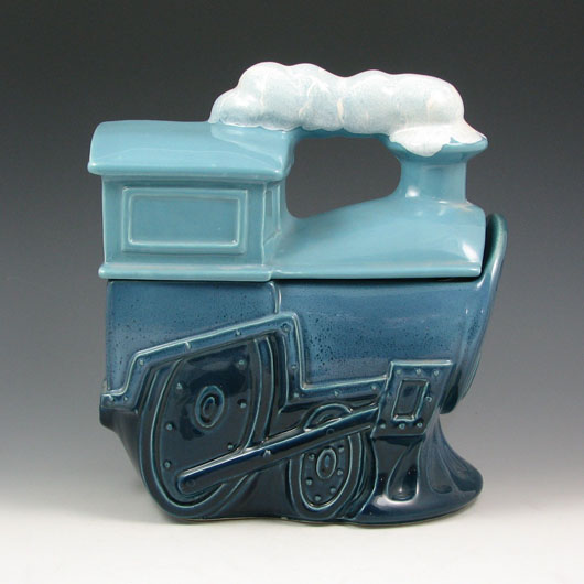McCoy blue Choo-Choo Train cookie jar with white smoke, $7,015. Image courtesy Belhorn Auction Services.