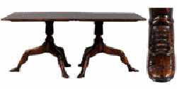 This unique British two-pedestal dining table sold for $5,750 at Brunk Auctions in Asheville, N.C. It was made in the late 19th century for a very large room. Each pedestal tabletop flipped down so the two tables could be kept against a wall. The open table is 47 1/2 inches wide and can be extended with added leaves to more than 12 feet long. The legs are carved to look like human legs with feet wearing laced boots.