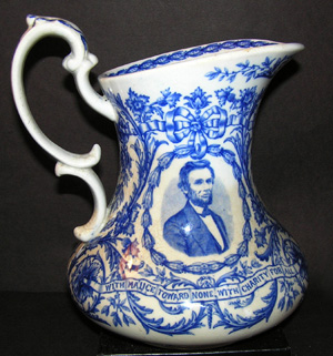This pitcher decorated with Abraham Lincoln’s likeness was produced for the 16th president's second inauguration in 1865. Image courtesy of the West Palm Beach Antiques Festival.