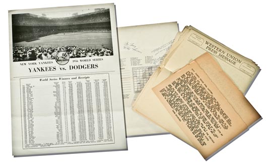 News correspondent Tony Galli's score sheet recording Don Larsen’s perfect game is the centerpiece of this lot of 1956 World Series memorabilia. The New York Yankees’ pitcher autographed the score sheet. Image courtesy of Fuller’s Fine Art Auctions.