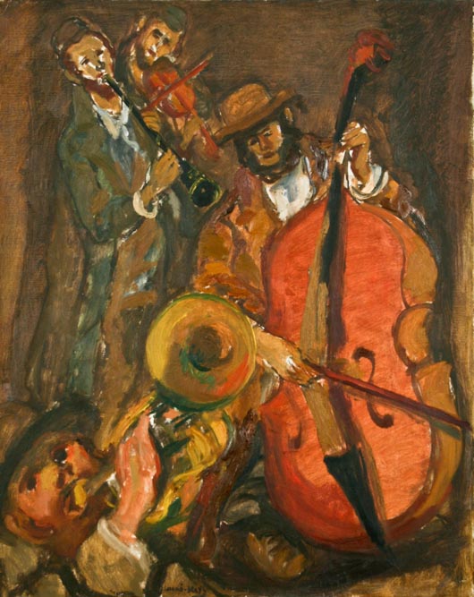 Emmanuel Mané-Katz (French/Ukrainian, 1894-1962) ‘Musicians,’ circa 1947, oil on canvas, 36 1/8 x 28 1/4 inches (stretcher), signed lower center recto ‘Mané-Katz.’  Estimate: $60,000-$80,000. Image courtesy of Fuller’s Fine Art Auctions.