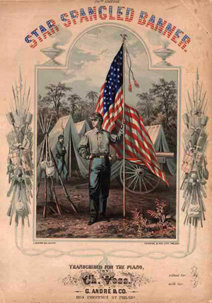 Cover of sheet music for "The Star-Spangled Banner" [words by Francis Scott Key], transcribed for piano by Ch. Voss, Philadelphia: G. Andre & Co., 1862. Image from the Project Gutenberg archives.