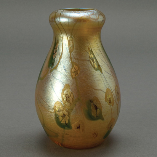 Tiffany gold Favrile millefiore vase. Estimate: $5,000-$7,000. Image courtesy of Michaan’s Auctions.