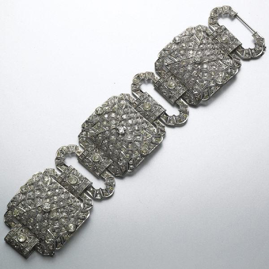 Edwardian Art Deco platinum and diamond bracelet, circa 1910, $20,000. Image courtesy of Dallas Auction Gallery.