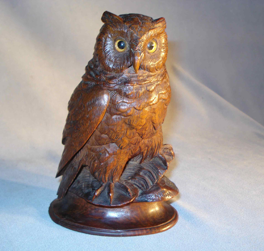 Beautifully carved 6-inch owl whose head opens to a match container. Image courtesy of Gordon S. Converse & Co.