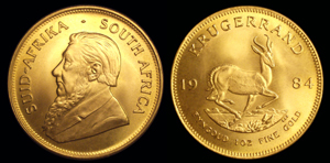 Obverse and reverse views of a 1984 South African gold kruggerrand owned and photographed by Chris Welsh/cachecoins. 