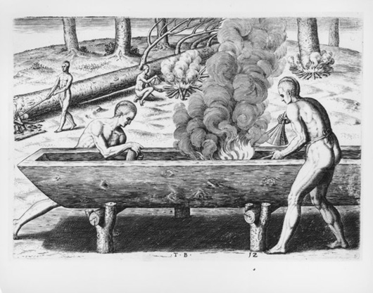 Theodor de Bry drawing after a John White watercolor depicting Native Americans crafting a dugout canoe with seashell scrapers, 1590.
