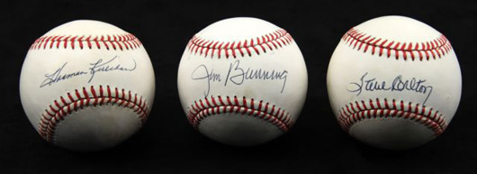 Three baseballs signed by Hall of Famers Harmon Killebrew, Steve Carlton, Jim Bunning. Image courtesy of Affiliated Auctions.