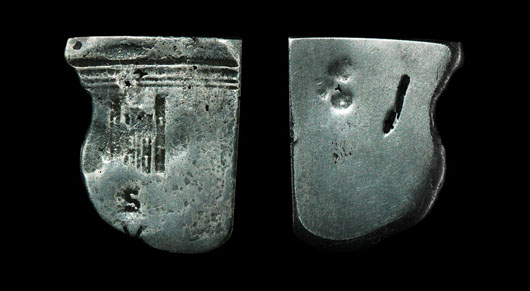 Stuart Scarborough siege piece, July 1644-July 1645, a uniface crown formed from a piece of flattened out domestic silver bearing a single, stamped impression of a depiction of the castle and the letters V below S (for 5 shillings). Estimate: $11,000-$15,000. Image courtesy of TimeLine Auctions.