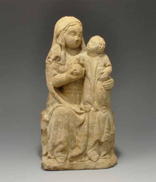 Medieval limestone Madonna with orb statuette, mid-14th to early 15th century, 14 3/4 inches. Estimate: $17,000-$23,000. Image courtesy of TimeLine Auctions.