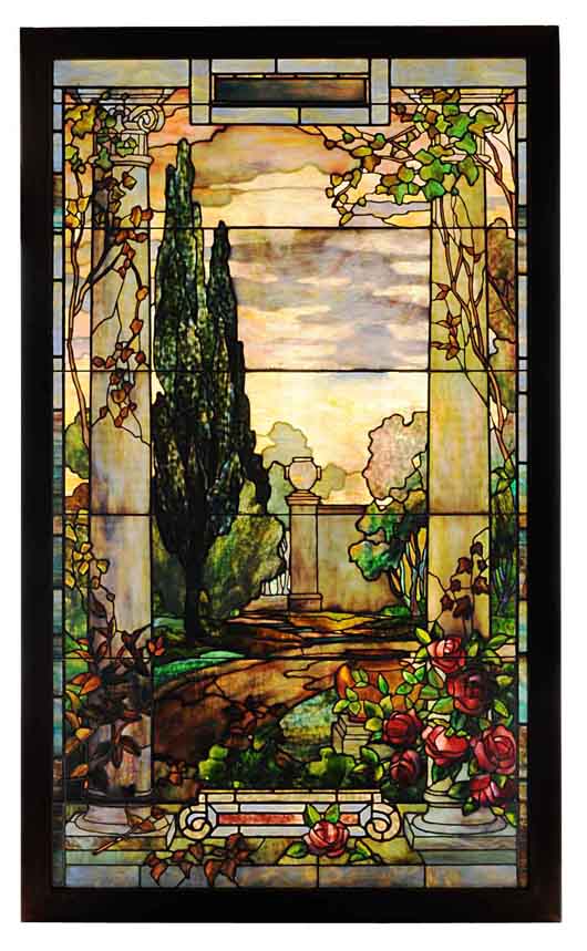 Tiffany Studios stained-glass window authenticated by Dr. Egon Neustadt, 72 inches by 43 inches, to be auctioned Dec. 10 at Morphy Auctions. Estimate $150,000-$250,000. Morphy Auctions image.