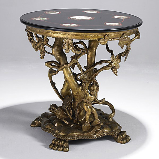 From the workshop of Michelangelo Barberi (Italian, 1787-1867), this  micromosaic and scagliola center table from the mid-19th century sold to an Internet bidder for $46,125. Image courtesy of Rago Arts & Auction Center.