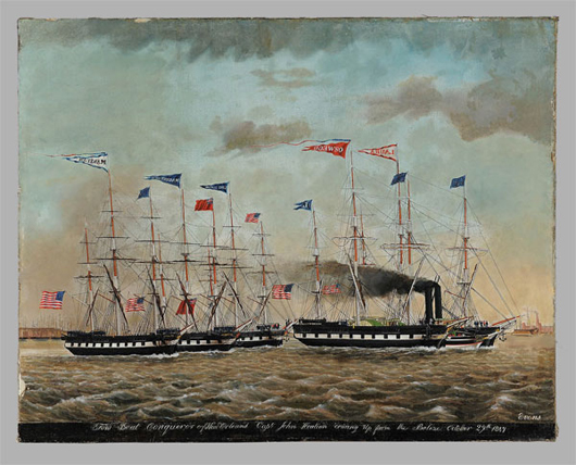 James Guy Evans' large oil painting of mid-19th-century shipping sold for $197,175. Image courtesy of Neal Auction Co.