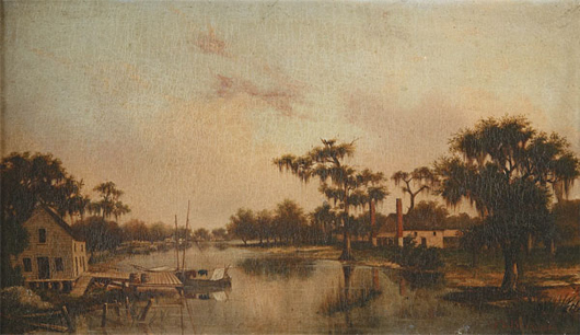 ‘View of Bayou St. John,’ an oil on canvas by William Henry Buck (Norwegian/New Orleans, 1840-1888), signed and dated ‘1880’ lower right, 12 inches x 20 1/4 inches, in a period giltwood frame, sold for $261,000. Image courtesy of Neal Auction Co.