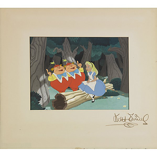 Walt Disney signed the mat of this ‘Alice in Wonderland’ animation cell, which sold for $8,610. Disney's animated feature was released in 1951. Image courtesy of Rago Arts & Auction Center.