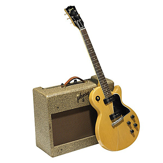 A Les Paul TV Special electric Gibson guitar from 1955 sold for $12,300. The lot included the original GA 6 amplifier. Image courtesy of Rago Arts & Auction Center.