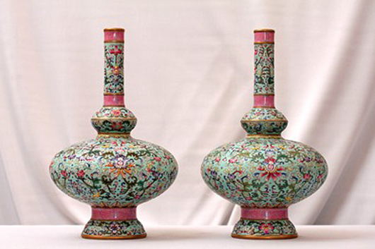 Pair of Chinese Famille Rose vases, Republic Period, 10 1/2 inches tall, blue under glaze Qianlong seal mark. Estimate: $2,000-$3,000. Image courtesy of Artingstall & Hind.