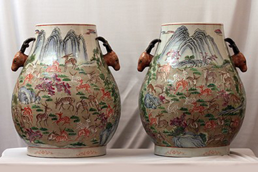 Pair of Chinese vases, Hundred Deer design, 16 1/2 inches, 19th century, with deer head handles, one of which is cracked. Estimate: $2,500-$3,000. Image courtesy of Artingstall & Hind.