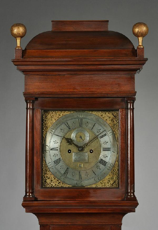 The earliest American clock offered in Skinner’s recent sale, this Queen Anne walnut tall clock made by William Claggett of Newport, R.I., circa 1725, sold for $65,175. Image courtesy of Skinner Inc.