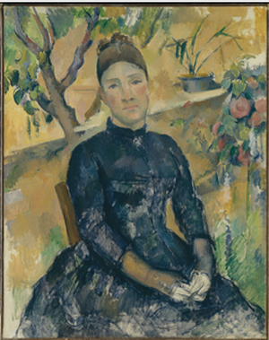 Paul Cezanne (French, 1839-1906), Madame Cezanne (nee Hortense Fiquet, 1850-1922) in the Conservatory, oil on canvas, 1891. From the Collection of The Metropolitan Museum of Art, Bequest of Stephen C. Clark, 1960. Image from The Metropolitan Museum of Art's Works of Art Collection Database. All rights reserved.