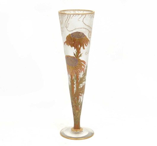 Signed Mont Joye enameled “Sunflower” vase, 19 inches tall. Estimate $700-$1,100. Stephenson’s Auctions image. Stephenson’s Auctions image.