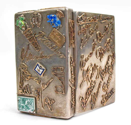 Russian circa-1900 silver and gold enameled cigarette case, hallmark of Nicholai Kemper (St. Petersburg, 1898-1908). Stephenson’s Auctions image.