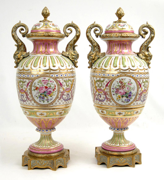 Pair of Sevres-style porcelain bronze-mounted urns. Stephenson’s Auctions image.