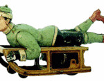 This lithographed tin boy-on-sled toy is 7 inches long. It sold at RSL Auction Co. for $334. Image courtesy RSL Auction Co.