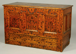 18th century Deerfield carved chest.  27.5 inches x 43.5 inches x 19 inches.  Estimate $20,000-$30,000. Image courtesy of Kaminski Auctions.
