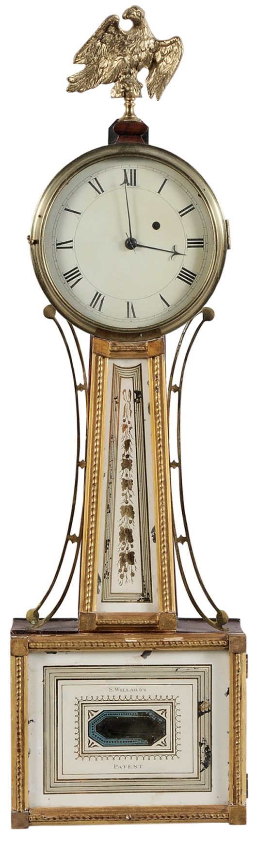 One of five banjo clocks consigned by Mr. and Mrs. Levon Register, this one topped all. From the early 19th century by Simon Willard of Roxbury, Mass., it brought $12,650 (est. $4000-$6000). Image courtesy of Brunk Auctions.