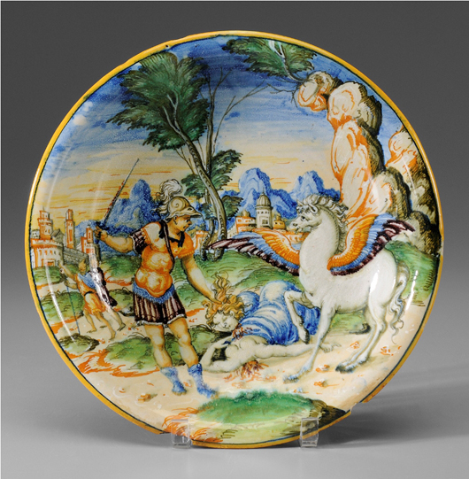 A description of the scene on this 16th-century Italian tin-glazed earthenware footed bowl was on the bottom in blue under glaze. From a private New York City and Chapel Hill, N.C., collection, it brought $12,650 (est. $3,000-$5,000). Image courtesy of Brunk Auctions.