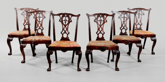 Each of these 18th-century Chippendale chairs was 37 1/4 inches x 24 inches x 19 inches with needlepoint embroidered slip seats. The six sold for $19,550 (est. $5,000-$7,000). Image courtesy of Brunk Auctions.