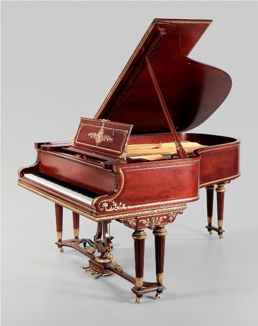 The sale’s big surprise was this 1909 Steinway long model A grand piano. It rose from a humble $5,000 to $74,750. Its professional restoration was probably by Steinway. Image courtesy of Brunk Auctions.
