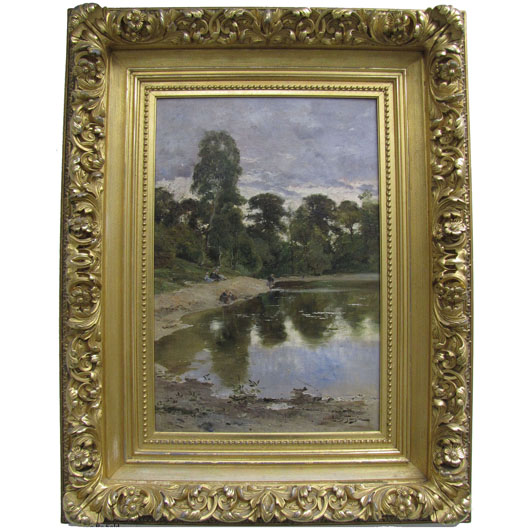 Louis Tauzin (French 1845-1914) oil on canvas, lakeside landscape with figures, signed. Image courtesy of William Jenack Estate Appraisers and Auctioneers.