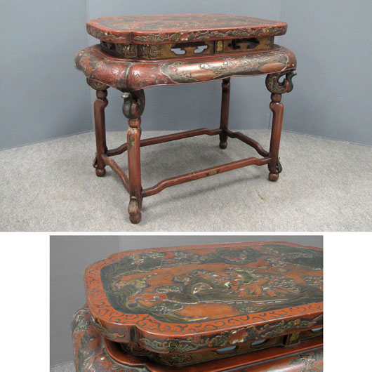 Chinese Ming lacquered, carved and inlaid table, of the period.  Collection of Ben Birillo; collected in London in the 1960s. Image courtesy of William Jenack Estate Appraisers and Auctioneers.