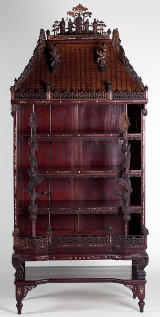 19th-century Chinese pagoda form wood and ivory display cabinet in good condition, $34,500. Image courtesy Leland Little Auction & Estate Sales Ltd.