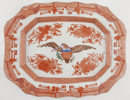 Chinese export orange Fitzhugh pattern platter, made just for the American market, $10,350. Image courtesy Leland Little Auction & Estate Sales Ltd.
