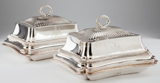 Pair of George III sterling silver entrée dishes and covers by Paul Storr (London, 1799), $10,925. Image courtesy Leland Little Auction & Estate Sales Ltd.