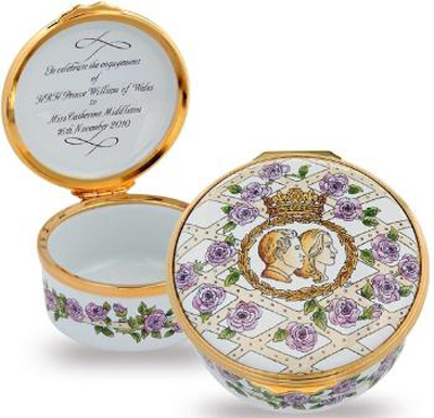 Halcyon Days produced their own line of "unofficial" Royal Wedding goods, including this Royal Engagement box, limited edition of 250, with a retail price $232.35. Image courtesy of UK Gift Company.