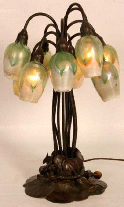 Tiffany 10-light Tulip lamp with pulled feather tulip shades on a signed Tiffany base, $40,250. Image courtesy of Fontaine’s Auction Gallery.