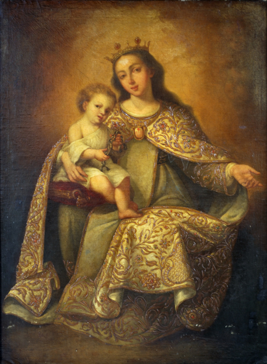 Mexican School, 18th century, ‘The Enthroned Madonna and Child,’ oil on canvas 49 1/2 x 37 1/2 inches, provenance: Christie's The House Sale, Oct. 1-3, 2007, lot 904, New York, $4,800. Image courtesy of Morton Kuehnert Auctioneers & Appraisers.