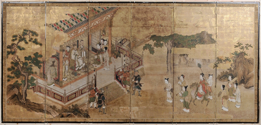 In ink, color and gold leaf on paper, each of the 17th-century Kano School screens measures 70 inches x 150 inches. Both were collected by Elizabeth Russell in the early 1900s. Image courtesy of Brunk Auctions.