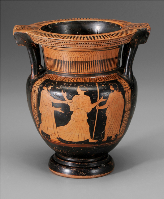 This 8 1/2-inch attic red-figure column krater was sold at Sotheby’s New York in 1986. Dating from 450-440 B.C., it is one of the oldest items in the sale. Image courtesy of Brunk Auctions.