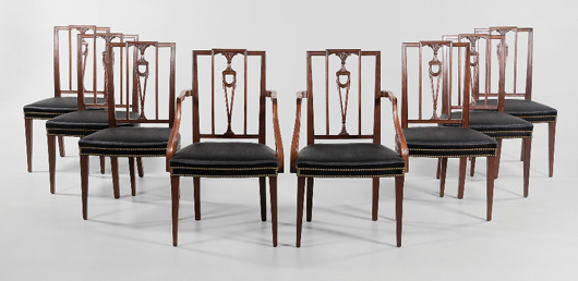 The Charleston side chairs are 37 1/2 inches x  21 1/2 inches x 21 inches. The armchairs are 2 inches wider. In excellent condition, the set of eight from the Hanes collection is expected to bring $40,000-$60,000. Image courtesy of Brunk Auctions.