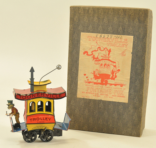 Copyright 1922 Toonerville Trolley train with track, boxed, embossed Fisher (Germany) logos, $4,025.