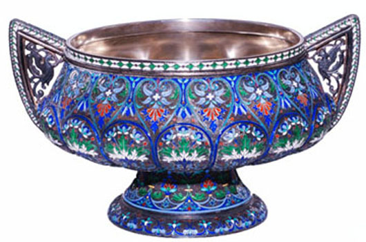 Russian silver gilt and enamel pedestal bowl by Anton Kuzmichev, 1899, 5 3/4 inches high, 9 7/8 inches long. Image courtesy of Auction Gallery of the Palm Beaches.