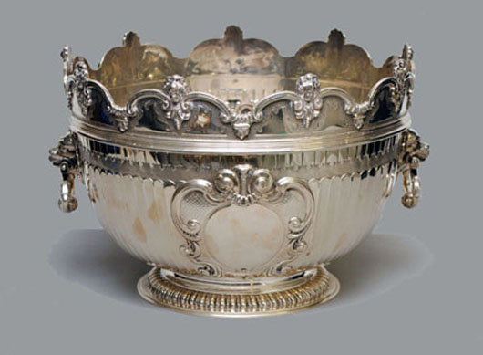 English silver Monteith bowl, London 1891, 75 ounces, 8 3/4 inches high, 12 1/2 inches diameter. Image courtesy of Auction Gallery of the Palm Beaches.