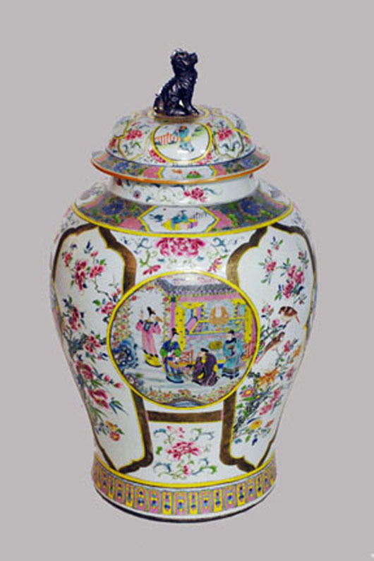 Massive Chinese 18th-century Famille Rose vase and cover, 32 inches high. Image courtesy of Auction Gallery of the Palm Beaches.